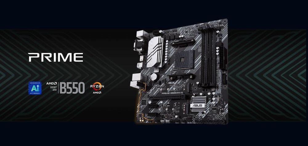 Základní deska ASUS Prime B550M-A na tmavém geometrickém pozadí. Zdobí ji loga: AMD Ryzen a čipová sada B550.