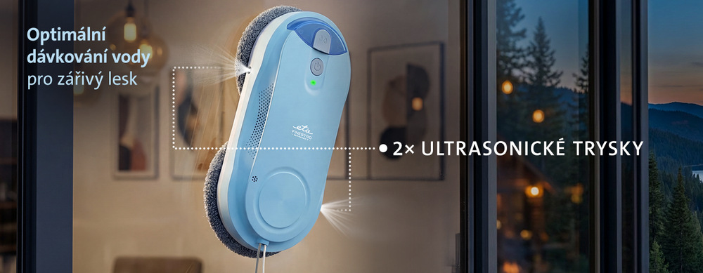 Modrý robotický čistič oken ETA Finestro Smart v akci na skle, kde dvě ultrasonické trysky rozprašují vodu. Text zdůrazňuje optimální dávkování pro zářivý lesk a ukazuje funkci 2 trysky