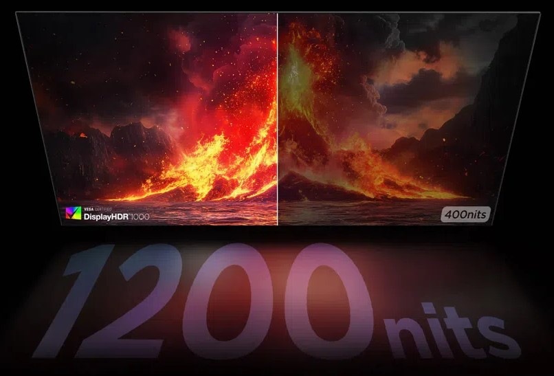 Na monitoru TCL 57R94 se nachází jedna scéna, v půli je rozdělená čárou tak, aby vynikl, jak vypadá v praxi maximální jas dosahující až 1 200 nitů.
