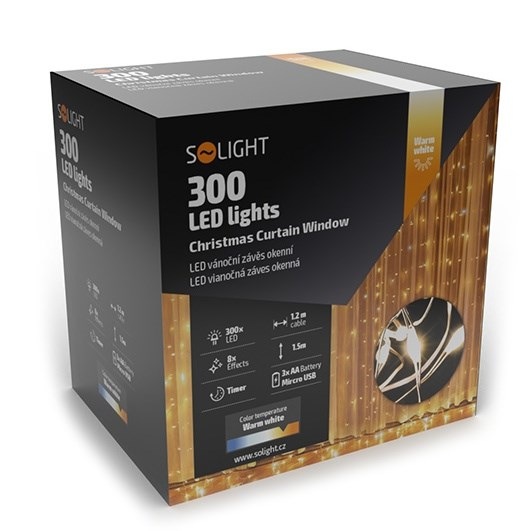 Vánoční osvětlení Solight závěs okenní, stříbrný, 300x mini LED, časovač, 8 funkcí, USB