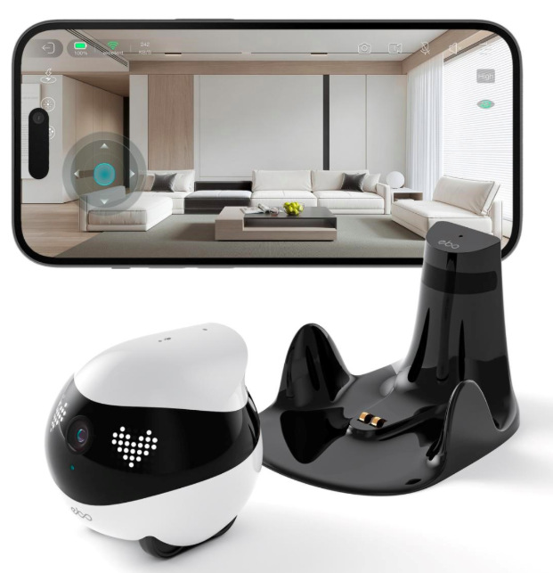 IP kamera Enabot EBO Air 2 bílá Enabot EBO Air 2 s nabíjecí dokovací stanicí a živým náhledem v mobilní aplikaci