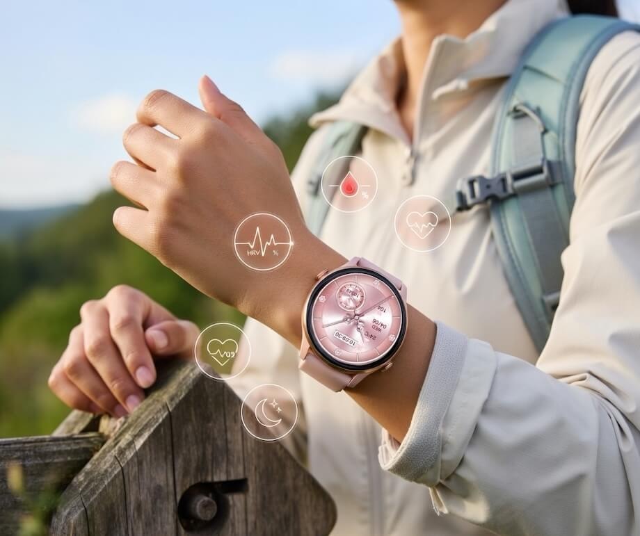 Chytré hodinky Carneo GTR Active HR+ růžové/zlaté Žena s chytrými hodinkami Carneo GTR Active HR+ sledujícími tep, okysličení krve, stres i kvalitu spánku