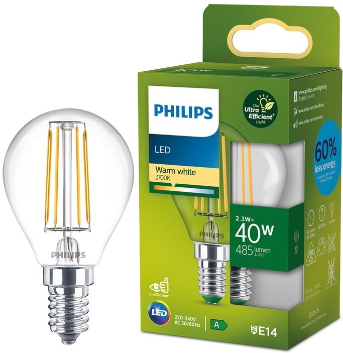 Žárovka LED Philips 40W, filament, E14 vyzařuje teplý bílý odstín světla 2 700 K