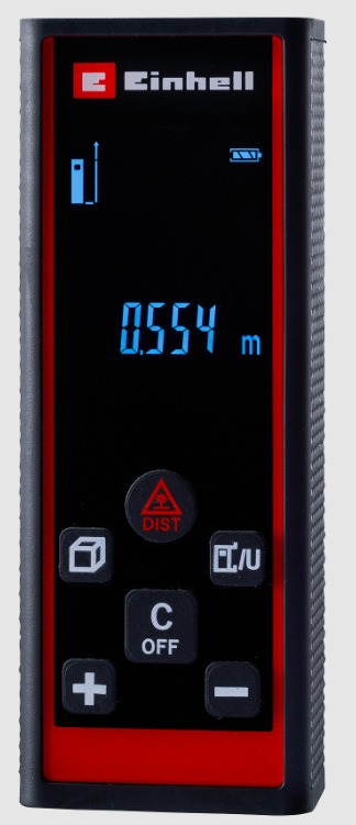 Podsvícený displej laserového dálkoměru Einhell Classic TC-LD 60 R se zobrazenou vzdáleností 0,554 m