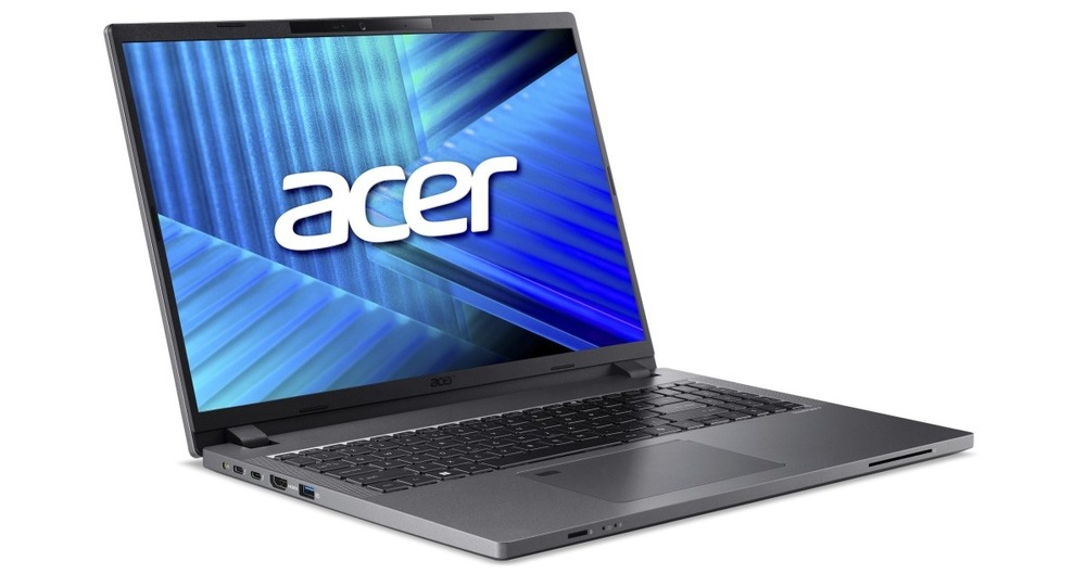 Notebook Acer TravelMate P2 16 (TMP216-71-G3-TCO-569M) šedý Otevřený a zapnutý notebook Acer TravelMate P2 16 otočený doprava