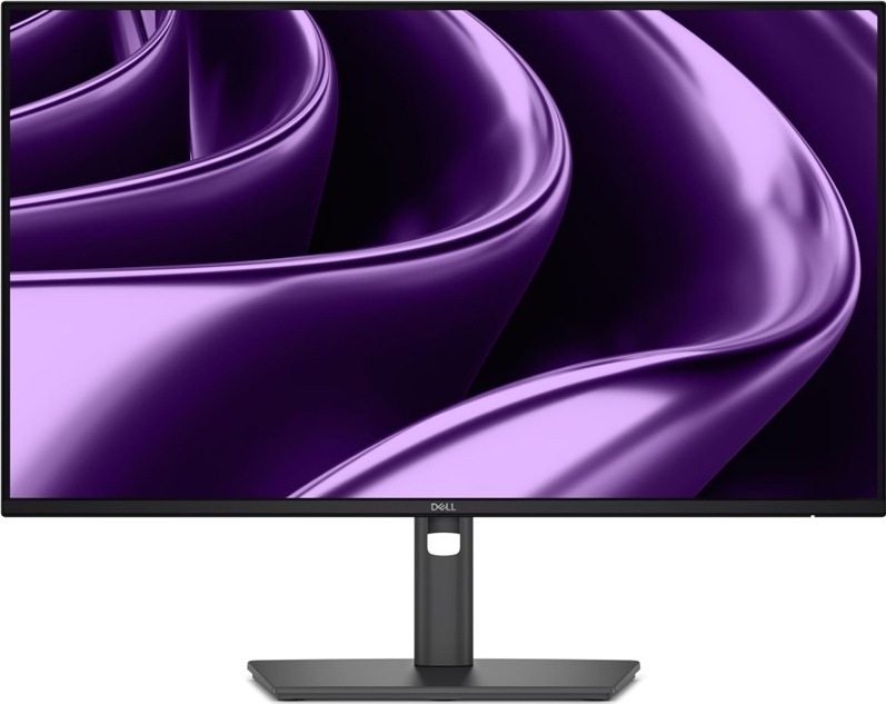 Čelní pohled na šedý monitor Dell Pro P 24 P2426HE s tenkými rámečky, výškově nastavitelným stojanem a obdélníkovou základnou. Na displeji je fialová abstraktní grafika.