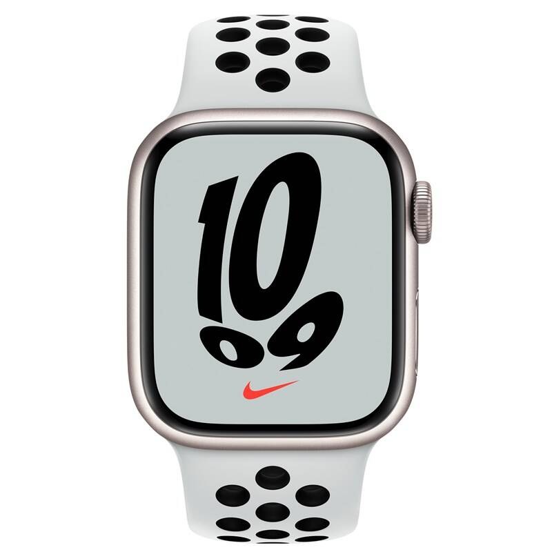 Chytré hodinky Apple Watch Nike Series 7 GPS, 45mm pouzdro z hvězdně bílého hliníku - platinový / černý sportovní řemínek