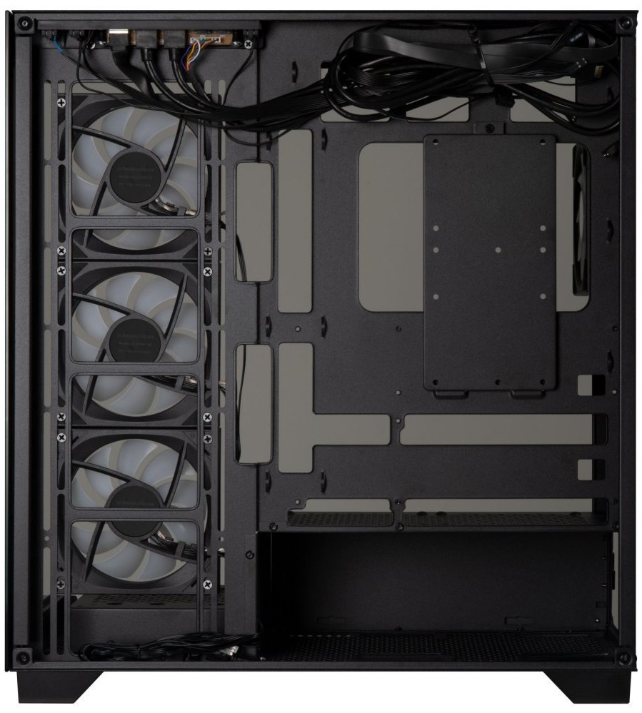 Case BitFenix CETO černá Boční pohled do skříně ukazuje řadu ARGB ventilátorů umístěných nalevo u boční stěny. Napravo od nich je už volný, prázdný prostor hlavní komory – místo pro základní desku a další komponenty, takže ventilátory jsou jasně „oddělené“ v boční sekci a zbytek vnitřku působí otevřeně a přehledně.