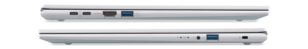 Zavřený notebook Acer Aspire Go 16 (AG16-71P-54KA) z obou profilů s porty
