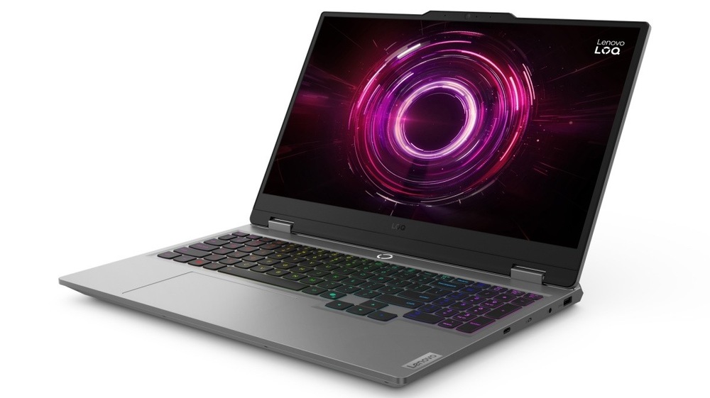 Notebook Lenovo LOQ 15AHP10 šedý Otevřený a zapnutý notebook Lenovo LOQ 15AHP10 otočený doleva