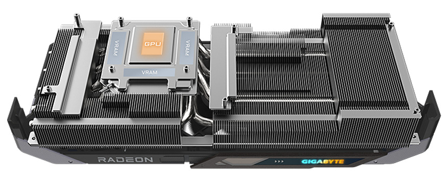 Grafická karta GIGABYTE Radeon RX 9070 XT GAMING 16G černá Detail chladiče grafické karty GIGABYTE RX 9070 XT s měděnou základnou a heatpipe