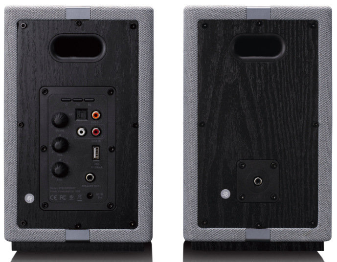Reproduktory Lenco SPB-240BKGY černé/šedé Zadní panel reproduktorů Lenco SPB-240BKGY s konektory RCA, USB a bassreflexem