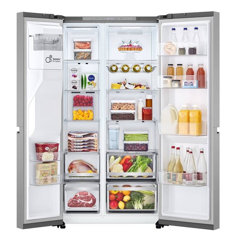 Americká lednice LG GSLE81PYBC nerez otevřená americká lednice LG GSLE81PYBC s uloženými potravinami