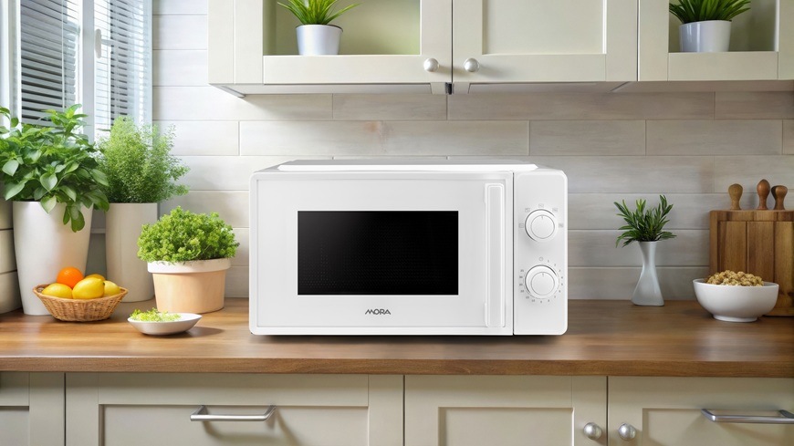 Na obrázku je mikrovlnná trouba Mora MT122W, umístěná na kuchyňské lince