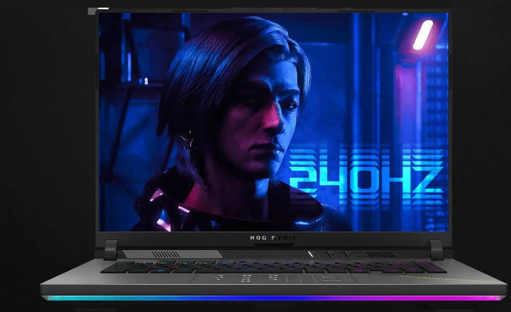 Herní notebook zobrazuje na obrazovce modře podsvícený portrét postavy s textem 240 Hz, který zdůrazňuje vysokou obnovovací frekvenci.