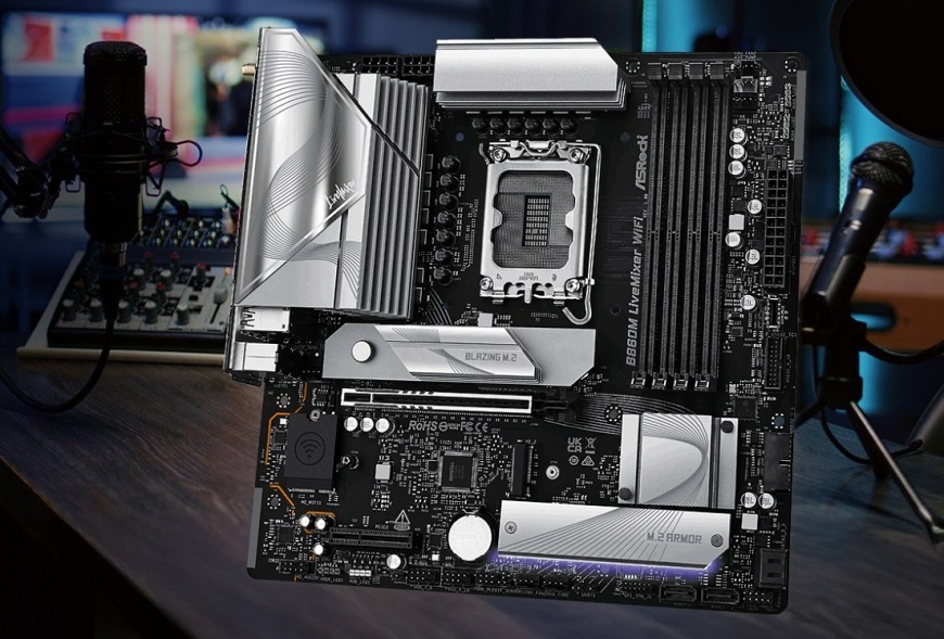 Základní deska ASRock B860M LiveMixer WiFi Základní deska ASRock B860M LiveMixer WiFi prezentovaná ve studiu pro tvůrce obsahu, zdůrazňující její profesionální funkce