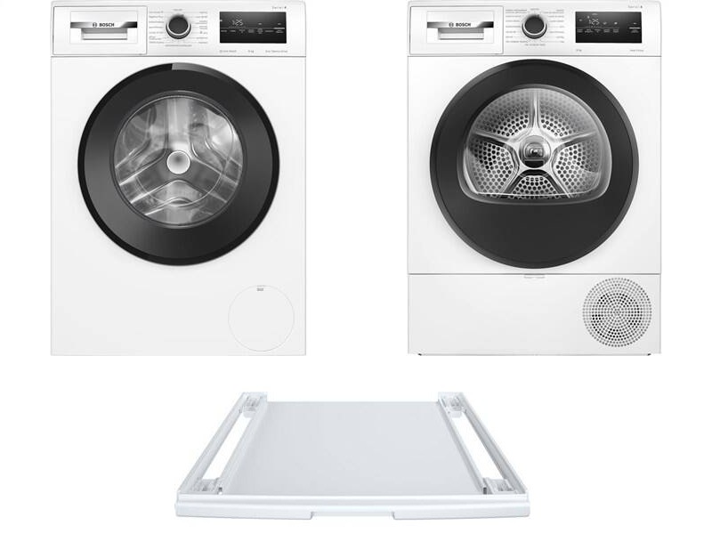 Set pračky Bosch WAN28270CS a sušičky Bosch WTH85221CS a mezikusu Bosch WTZ24700Z