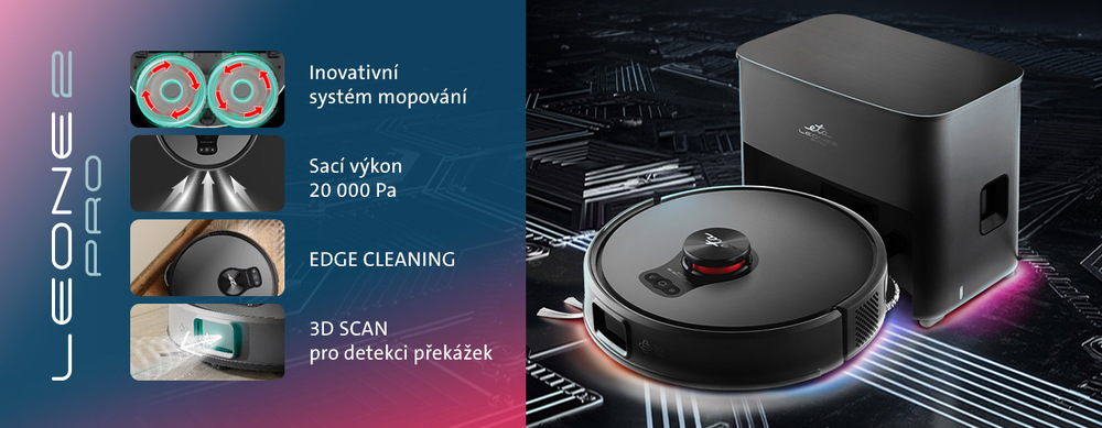 Robotický vysavač ETA Leone 2 PRO 6254 90000 šedý Banner pro robotický vysavač s odsávací stanicí ETA Leone 2 Pro s přehledem klíčových funkcí. Na obrázku je zobrazen černý robotický vysavač na technologickém pozadí a čtyři hlavní benefity: inovativní systém mopování, extrémní sací výkon 20 000 Pa, funkce EDGE CLEANING pro úklid podél stěn a pokročilý 3D SCAN pro detekci překážek