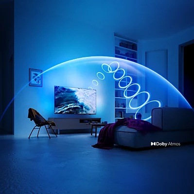 Televize Philips 55PQS7801 Znázornění prostorového zvuku Dolby Atmos v obývacím pokoji