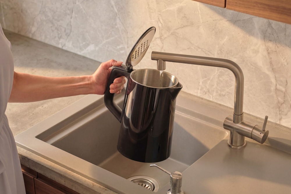 Rychlovarná konvice Sencor SWK 0940BK 1,7 l černá Žena napouští vodu do konvice Sencor SWK 0940BK 1,7 l