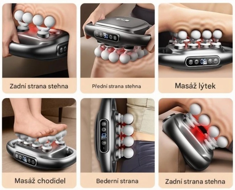 Masážní přístroj GLOX GLOXS6 šedý Masážní přístroj Glox používaný na ruce, nohy a chodidla s ukázkou různých masážních oblastí