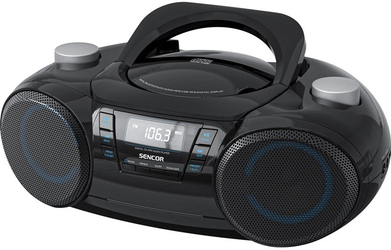 Přenosný CD přehrávač Sencor s FM rádiem, Bluetooth a reproduktory, boční pohled.