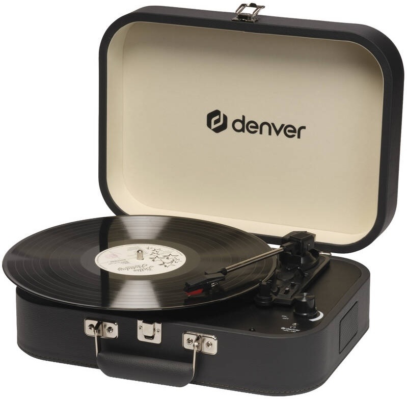 Kufříkový gramofon Denver VPL-130 v černé barvě s hrající vinylovou deskou