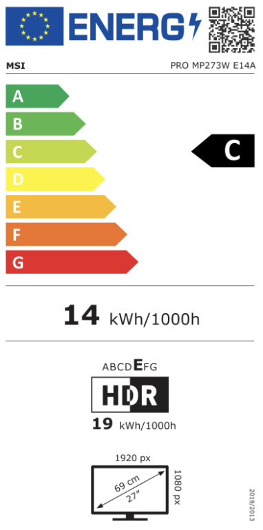 Energetický štítek monitoru MSI PRO MP273W E14A s třídou C a spotřebou 14 kWh za 1 000 hodin