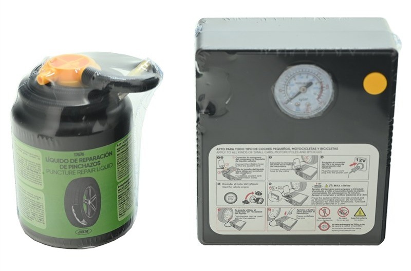 Sada na opravu pneumatik Compass obsahuje kompresor a těsnicí tmel o objemu 450 ml, pro menší defekty