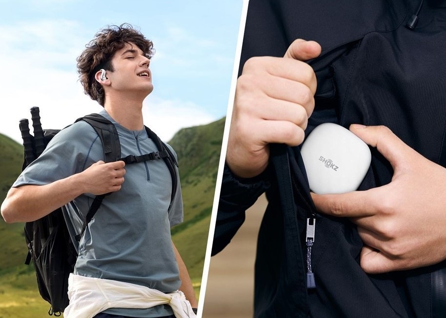 Sluchátka Shokz OpenFit Air 2, Bluetooth bílá Na jedné polovině obrázku je mladý muž, který se sluchátk OpenFit Air 2 běží, na druhé půlce fotografie je znázorněno, jak si ochranné pouzdro, které je součástí sluchátek, dává do kapsy od bundy.