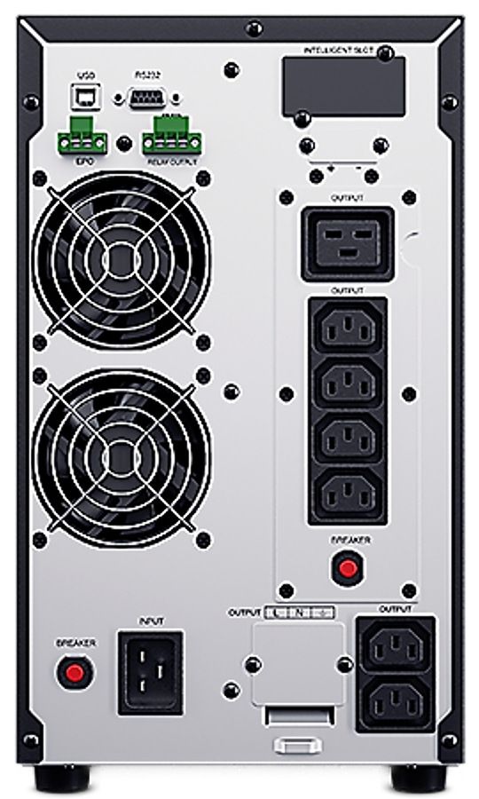 Záložní zdroj CyberPower OnLine S 3000VA/2700W, Tower černý Na obrázku je zadní strana záložního zdroje CyberPower OnLine S 3000 VA / 2 700 W. Vlevo jsou nad sebou dva velké ventilátory, nahoře komunikační porty USB a RS232 a zelené svorky pro doplňkové připojení. Vpravo je několik napájecích výstupů různých typů, dole vstupní konektor, jistič s červeným tlačítkem a další servisní či rozšiřující prvky. Panel působí profesionálně, technicky a je určený pro napájení i správu více zařízení najednou.