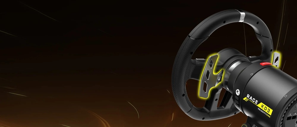 Volant Turtle Beach VelocityOne Race KD3 Direct Drive - PC, Xbox One/Series černý Záběr na zadní stranu volantu se žlutou září zvýrazněnými magnetickými pádly řazení.