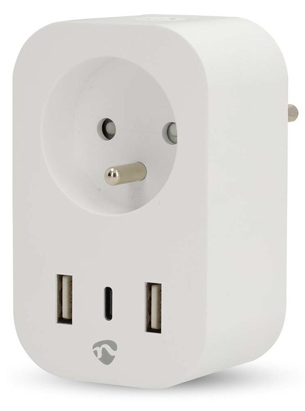 Chytrá zásuvka Nedis SmartLife, měřič spotřeby, dálkově ovladatelná, Wi-Fi, 1x USB-C + 2x USB, IP21, 3680 W bílá