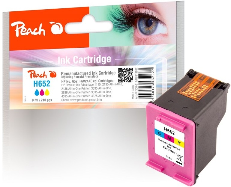 Inkoustová náplň Peach HP 652 v barevném podání CMY a s výtěžností 210 stran