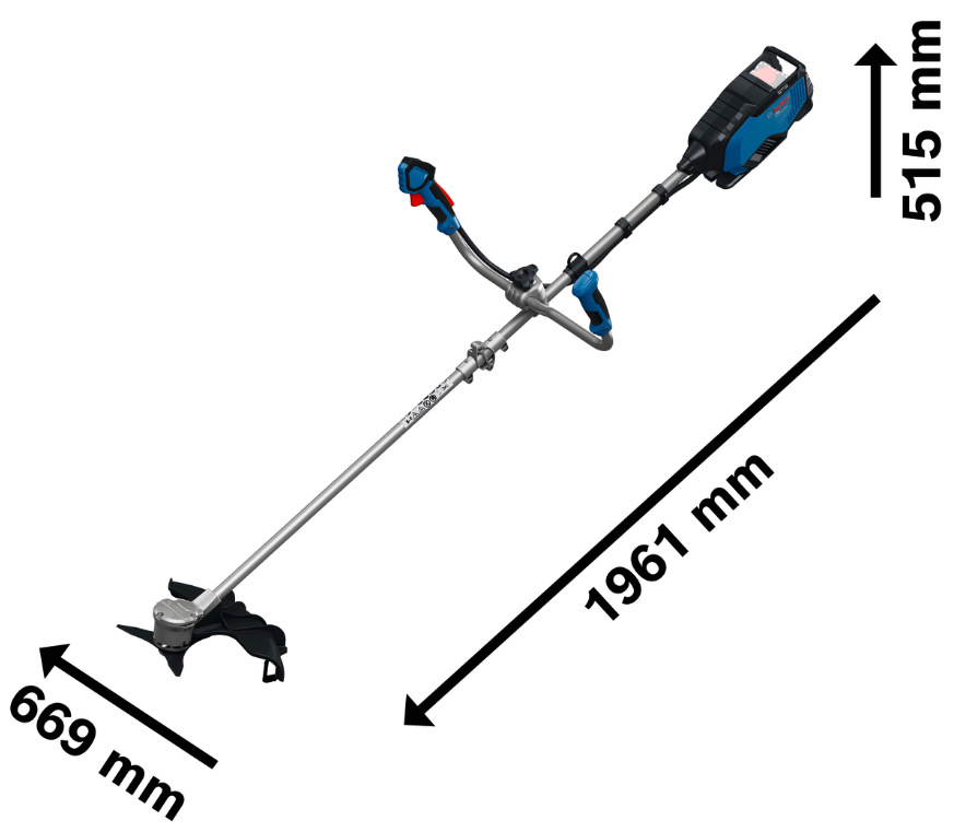 Křovinořez Bosch Professional GFR 18V-25BH (bez baterie) Rozměry křovinořezu Bosch Professional GFR 18V-25BH s vyznačenými hodnotami