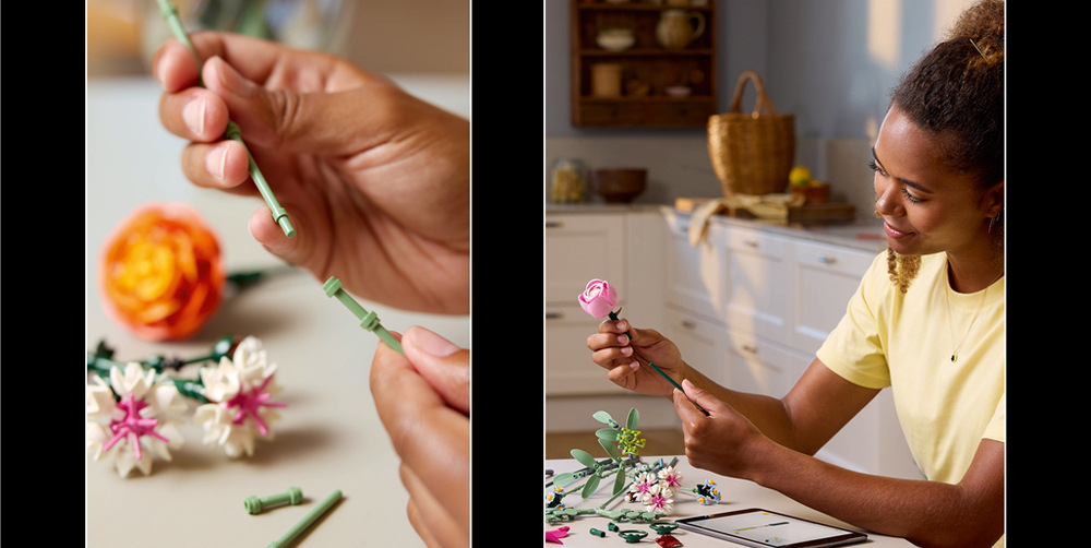 Stavebnice LEGO® Botanicals 10342 Krásná kytice růžových květin Sestavování květin nabízí dospělým příležitost k relaxaci a kreativnímu odpočinku s pomocí aplikace LEGO Builder.