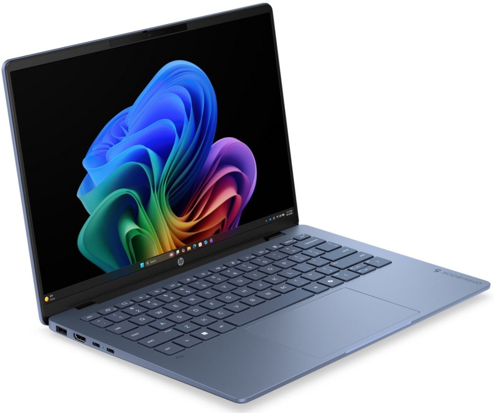 Notebook HP OmniBook 5 AI 14-hm0001ncx + Game Pass předplatné na 2 měsíce modrý Notebook HP OmniBook 5 v šikmém pohledu s tenkým provedením