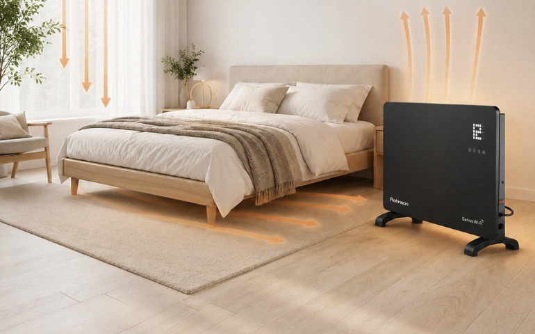 Konvektor Rohnson R-040 Genius Wi-Fi při vytápění ložnice s naznačeným prouděním teplého vzduchu
