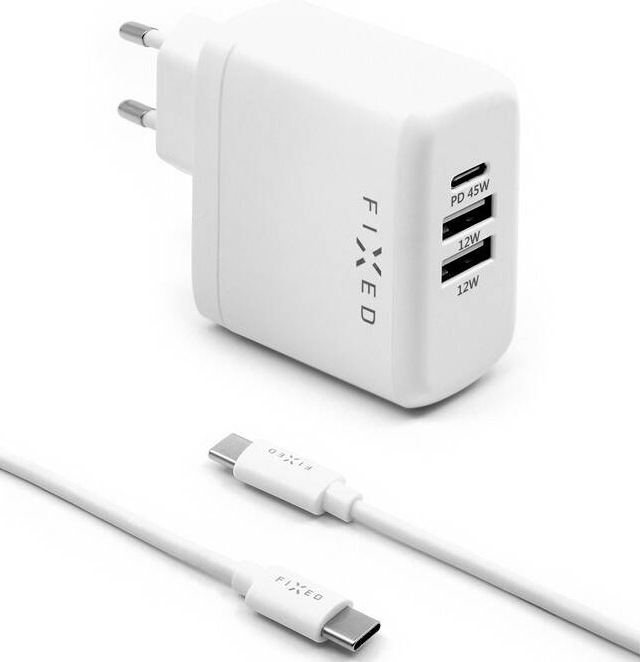 FIXED USB-C PD, 2× USB 2.0, 45 W + kabel USB-C, 1 m, bílá
