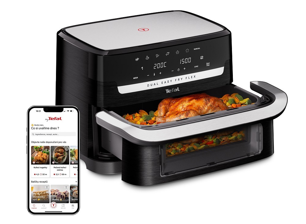 Horkovzdušná fritéza Tefal EY922DE0 Dual Easy Fry Flex a mobilní telefon s aplikací My Tefal