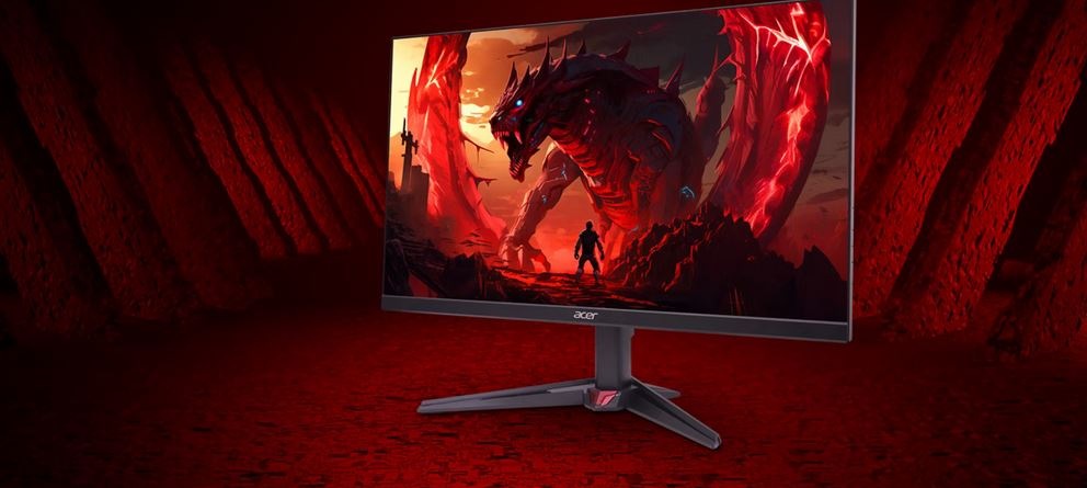 Elegantní monitor Acer zobrazuje živou fantazijní scénu, ve které člověk čelí obrovskému červenému drakovi v ohnivé krajině, což vytváří dramatickou a intenzivní atmosféru.