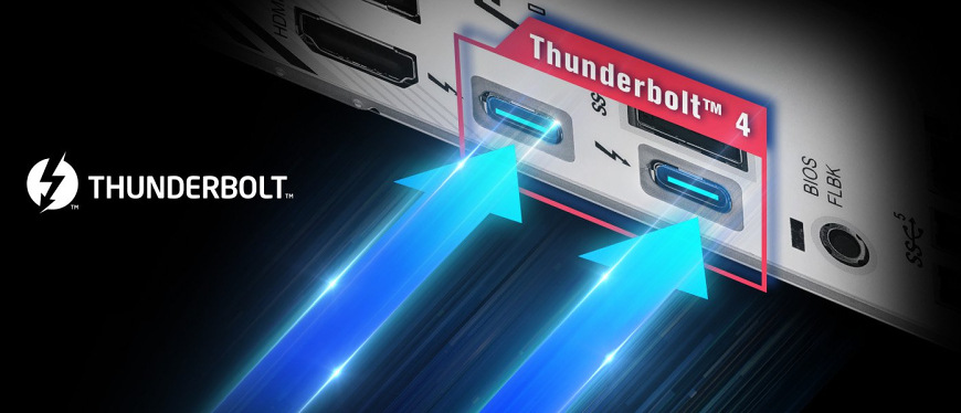 Základní deska ASRock Z890 PRO RS Detail portů Thunderbolt 4 na zadním I/O panelu základní desky ASRock Z890 PRO RS