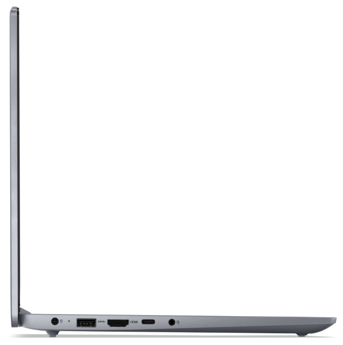 Notebook Lenovo IdeaPad Slim 3 14AMN8 šedý Detail levé boční strany notebooku s napájením, USB, HDMI, USB-C a 3,5mm konektorem