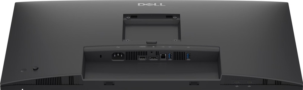 Horní pohled na zadní část šedého monitoru Dell Pro P2726H s odpojeným stojanem. V zapuštěném panelu jsou napájecí konektor, HDMI, DisplayPort, USB-B a dva porty USB-A; na spodní hraně dva porty USB-C.