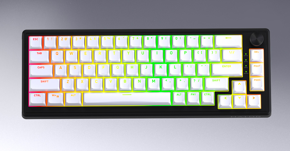 Klávesnice HATOR Skyfall 65 MAG ULTRA 8K, US layout černá/bílá Pohled shora na RGB podsvícené klávesy HATOR Skyfall MAG Ultra 8K