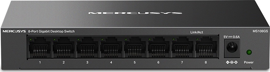 Switch Mercusys MS108GS (MS108GS) černý Čelní pohled na switch Mercusys MS108GS s osmi očíslovanými porty RJ45, stavovými kontrolkami, napájecím konektorem a indikátorem zapnutí.