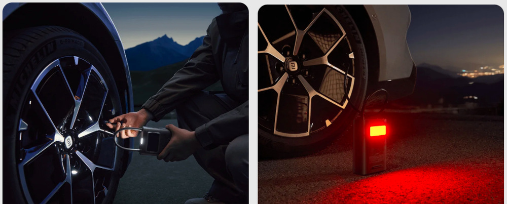 Huštění automobilové pneumatiky za tmy a červené výstražné světlo kompresoru