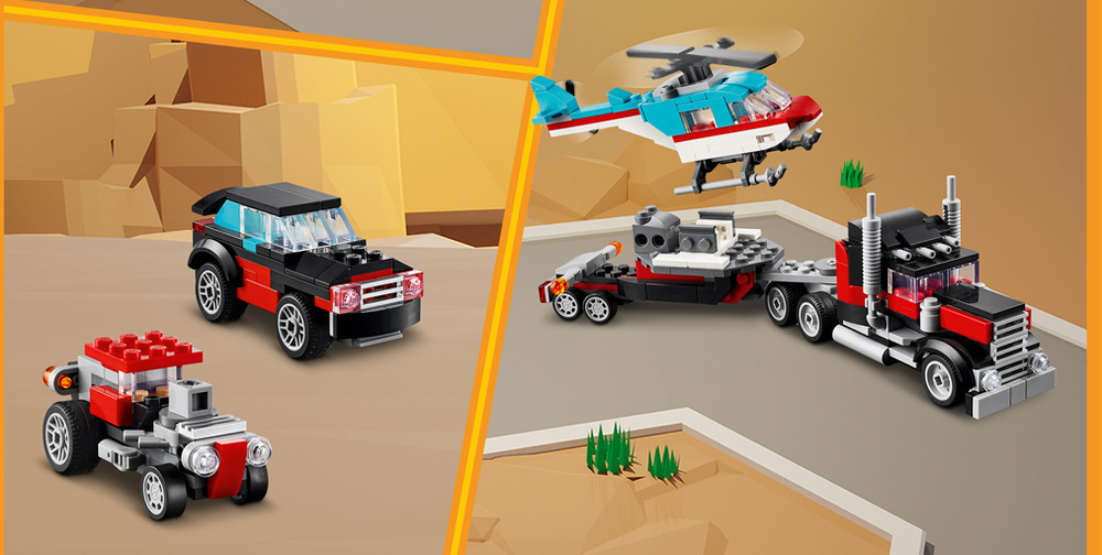 Stavebnice LEGO® Creator 3 v 1 31146 Náklaďák s plochou korbou a helikoptéra 270 kostek a aplikace LEGO Builder podporují kreativitu, fantazii a samostatné stavění dětí od sedmi let.