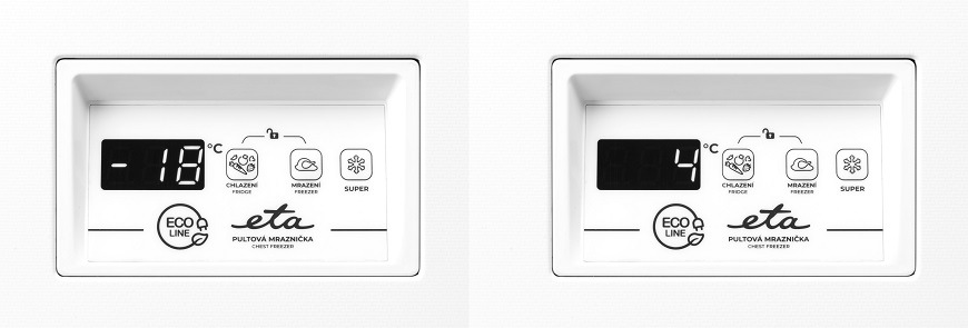 Mraznička ETA 275890000D bílá Detail na ovládací panel pultové mrazničky ETA 278590000 s digitálním displejem. Levý panel ukazuje nastavení mrazení na -18 °C, pravý panel ukazuje nastavení chlazení na 4 °C demonstrující duální funkci chlazení