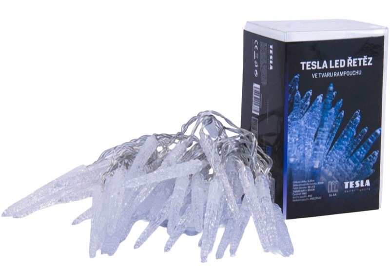 Vánoční osvětlení Tesla Lightning vánoční řetěz rampouch, 50 LED, 5m + 30cm kabel, 3x AA baterie, čas. IP44